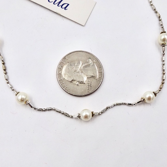 MARVELLA Silver Faux Pearl Station Necklace 18 1/2" Long NWT - Picture 4 of 5